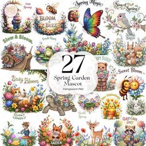 May include: A collection of 27 spring garden mascot designs in a watercolor style. The designs include various animals, flowers, and phrases like "Hello Spring," "Bloom & Buzz," and "Sweet Bloom." The image is a transparent PNG.