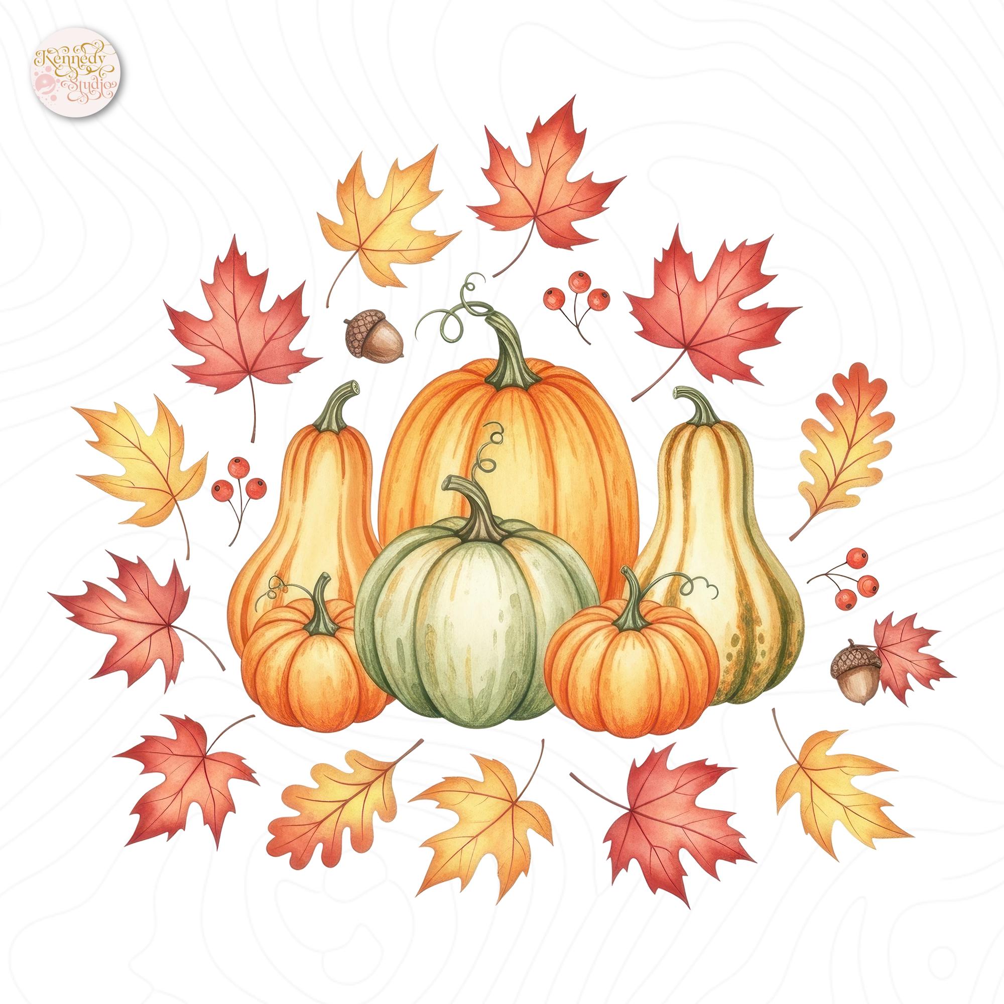 Watercolor Autumn Clipart PNG Bundle, Cozy Fall Leaves Pumpkin Floral ...