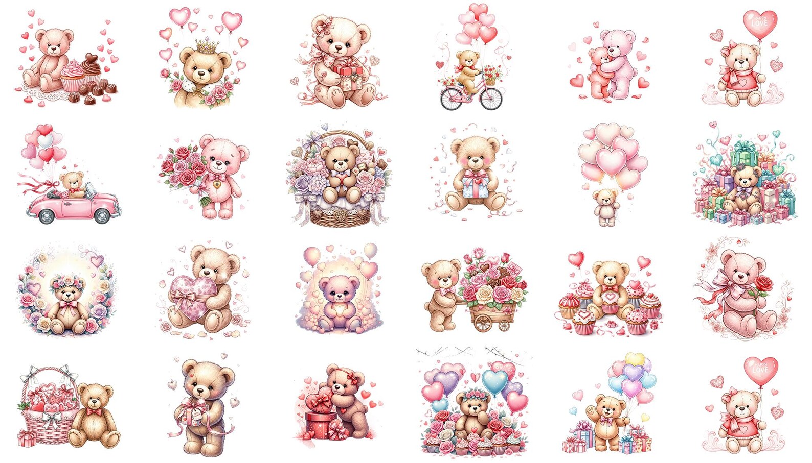 Valentine Teddy Bear PNG Clipart Bundle Cute Love Bears for Valentine’s ...