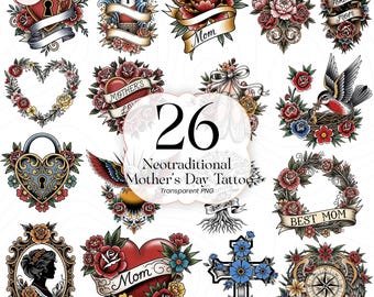 Tatuaje neotradicional para mamá PNG Clipart Floral Vintage Flash Art Regalo para el Día de la Madre para Mujeres Diseño de sublimación Descarga instantánea, NMT01