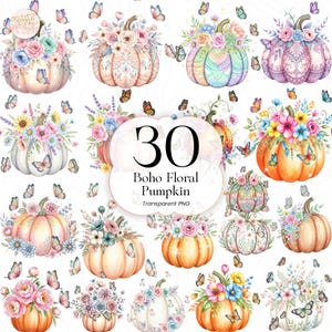 Puede incluir: Una colección de 30 diseños de Calabaza Floral Boho en acuarela. Las calabazas están decoradas con flores y mariposas en varios colores, incluyendo rosa, naranja y azul. El texto "30 Boho Floral Pumpkin Transparent PNG" está en el centro.