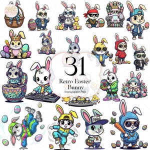 May include: A collection of 31 retro Easter bunny illustrations in various poses and outfits. The bunnies are depicted with sunglasses, hats, and other accessories, holding Easter eggs, carrots, and baskets. The image includes the text "Retro Easter Bunny Transparent PNG".