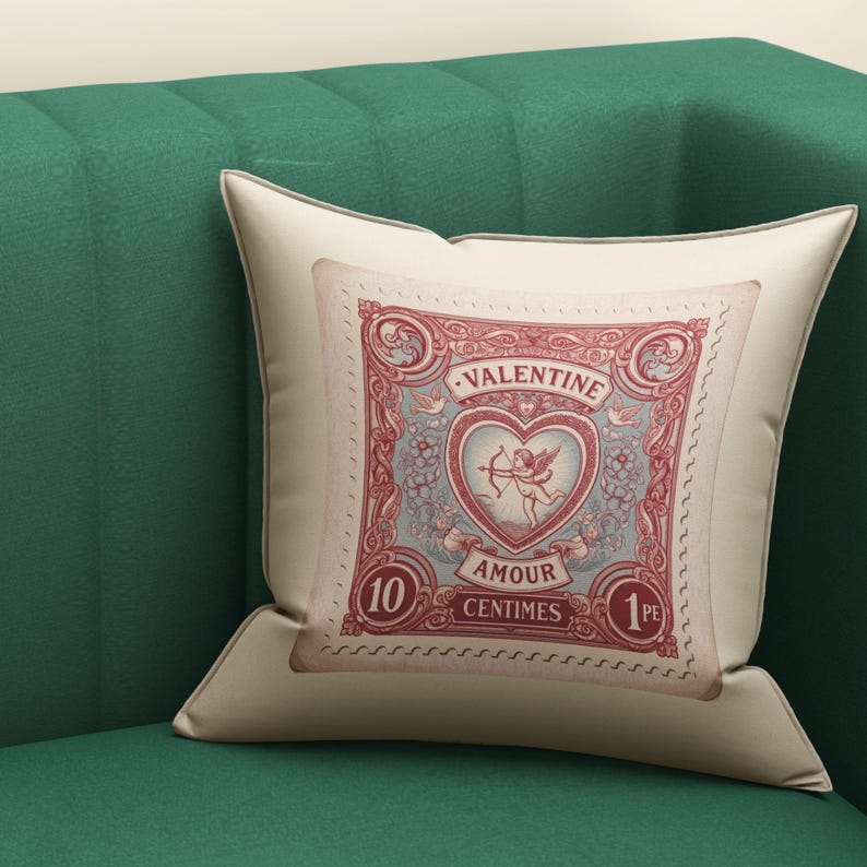May include: A decorative pillow with a vintage Valentine's Day design. The design features a heart with Cupid, the word "VALENTINE", and the words "AMOUR CENTIMES". The pillow has a cream-colored background and a red and blue design.