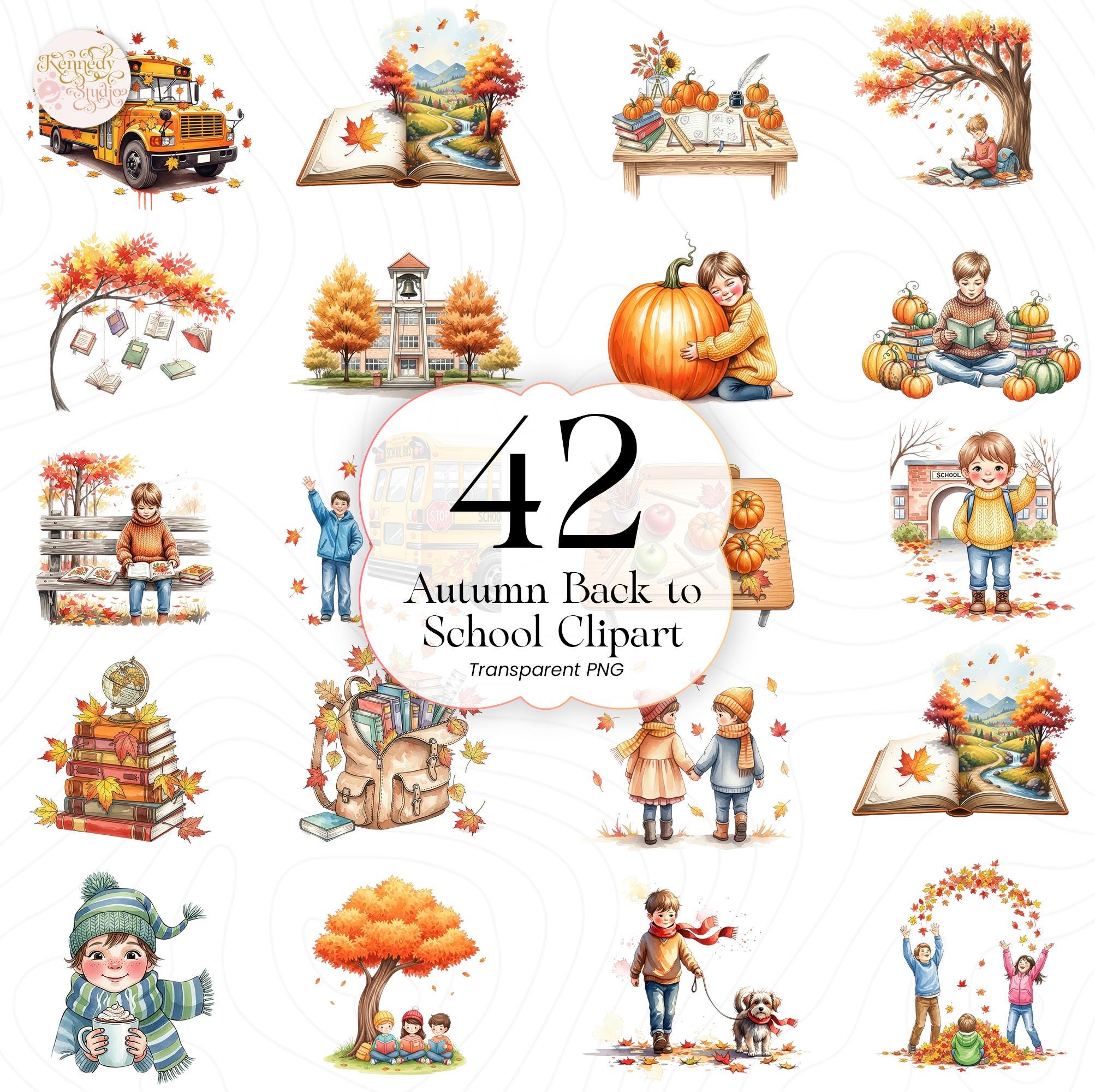Autumn Back to School Clipart PNG Bundle Watercolor School Supplies ...