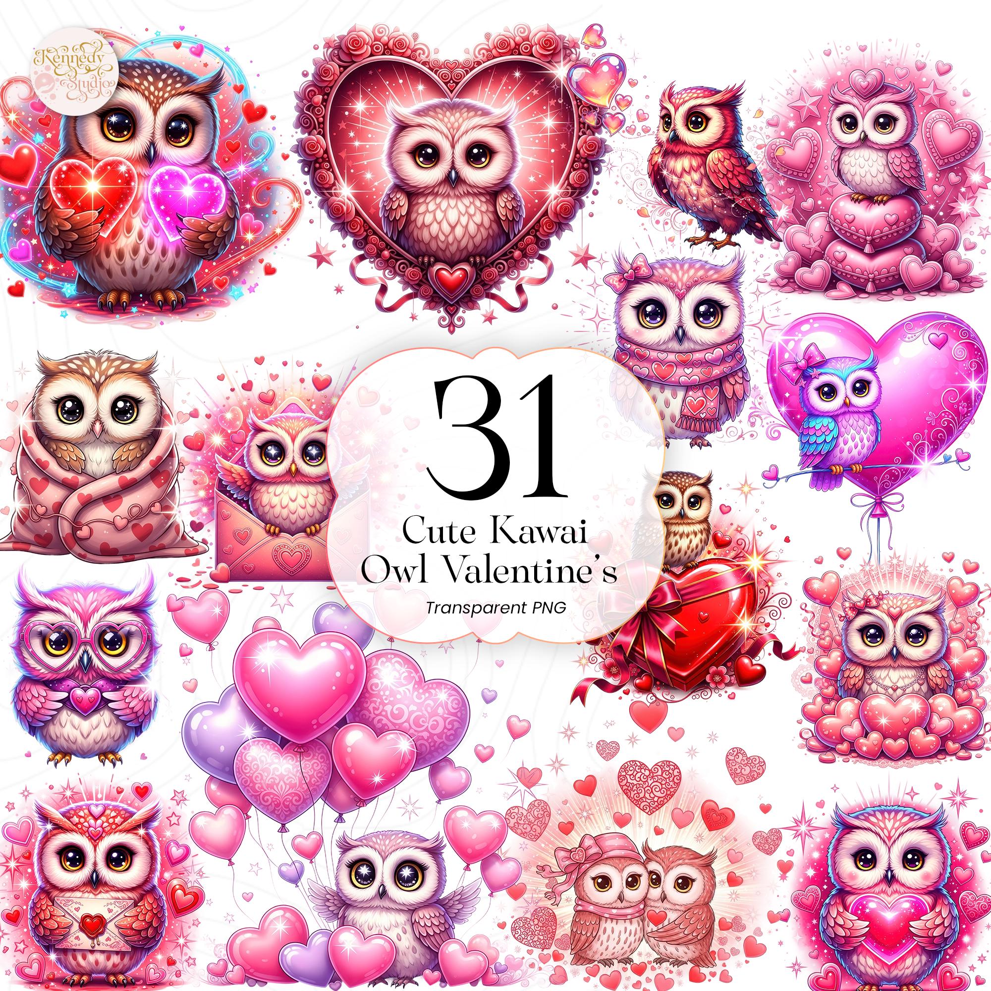 Cute Kawaii Owl PNG Clipart Bundle &ndash; Valentine&rsquo;s Day Love Theme for Kids & Crafters 