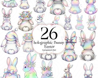 Conejito holográfico PNG transparente, descarga digital con temática de Pascua, diseño para sublimación y Cricut, HB01