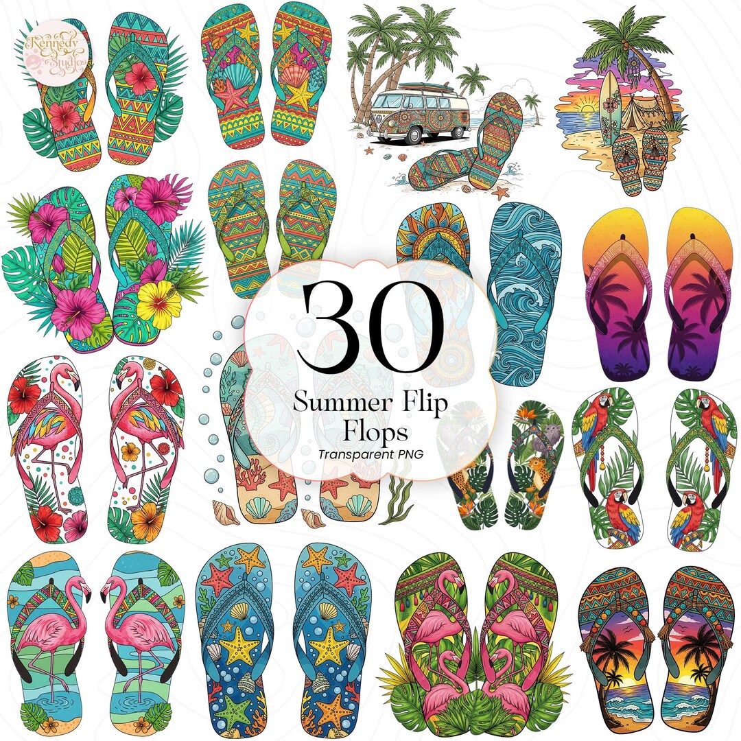 Summer Flip Flops Clipart Bundle, Tropical Beach Sandals PNG, Cute ...