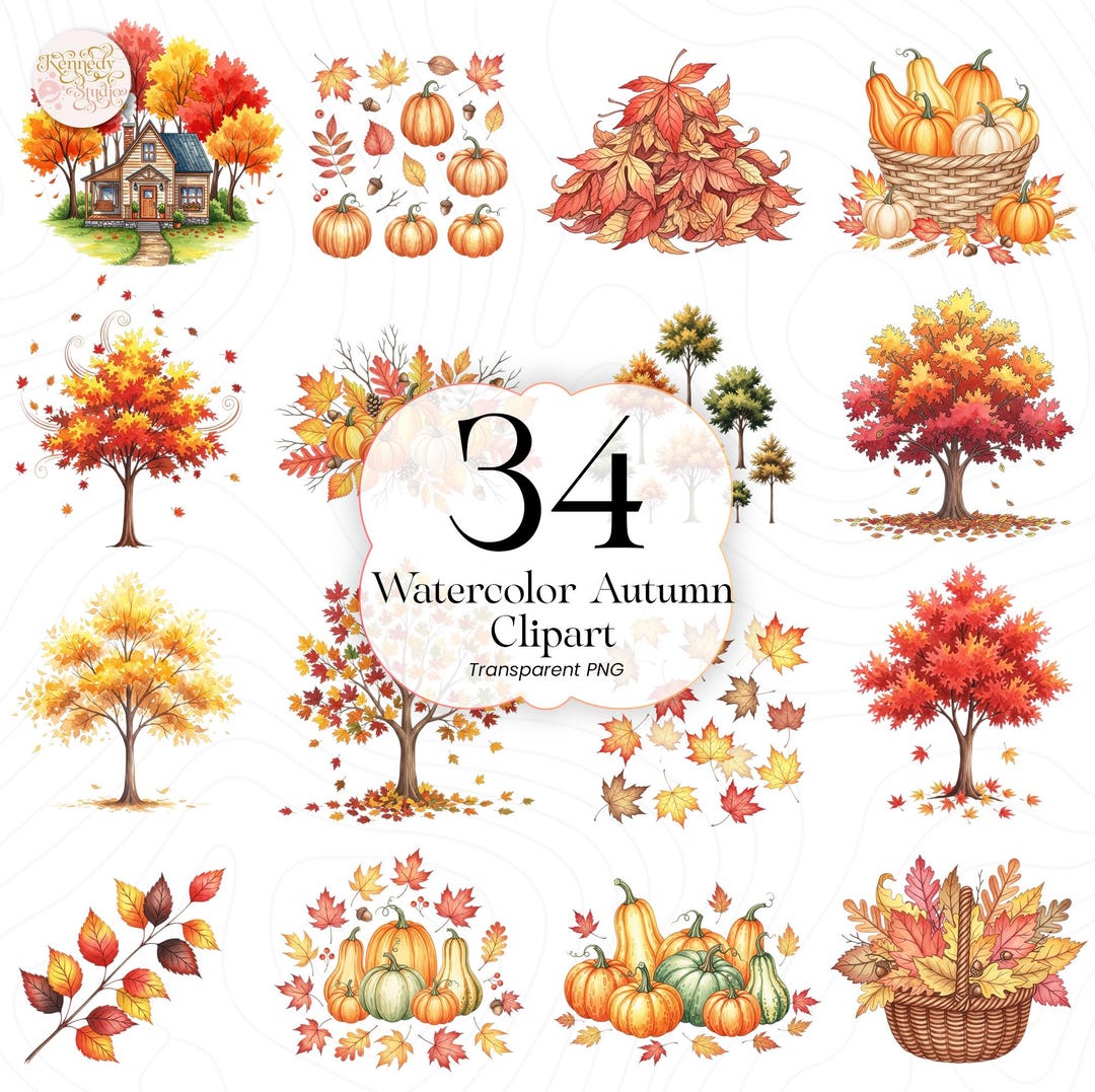 Watercolor Autumn Clipart PNG Bundle, Cozy Fall Leaves Pumpkin Floral ...