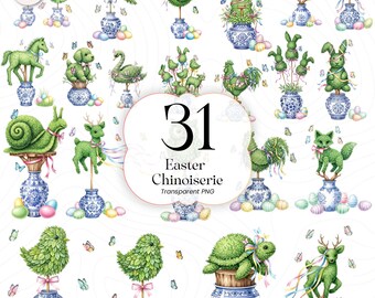 Ostern Chinoiserie PNG Clipart Blau Weiß Blumen Bundle Ostern Dekor Für DIY-Projekte, EC001