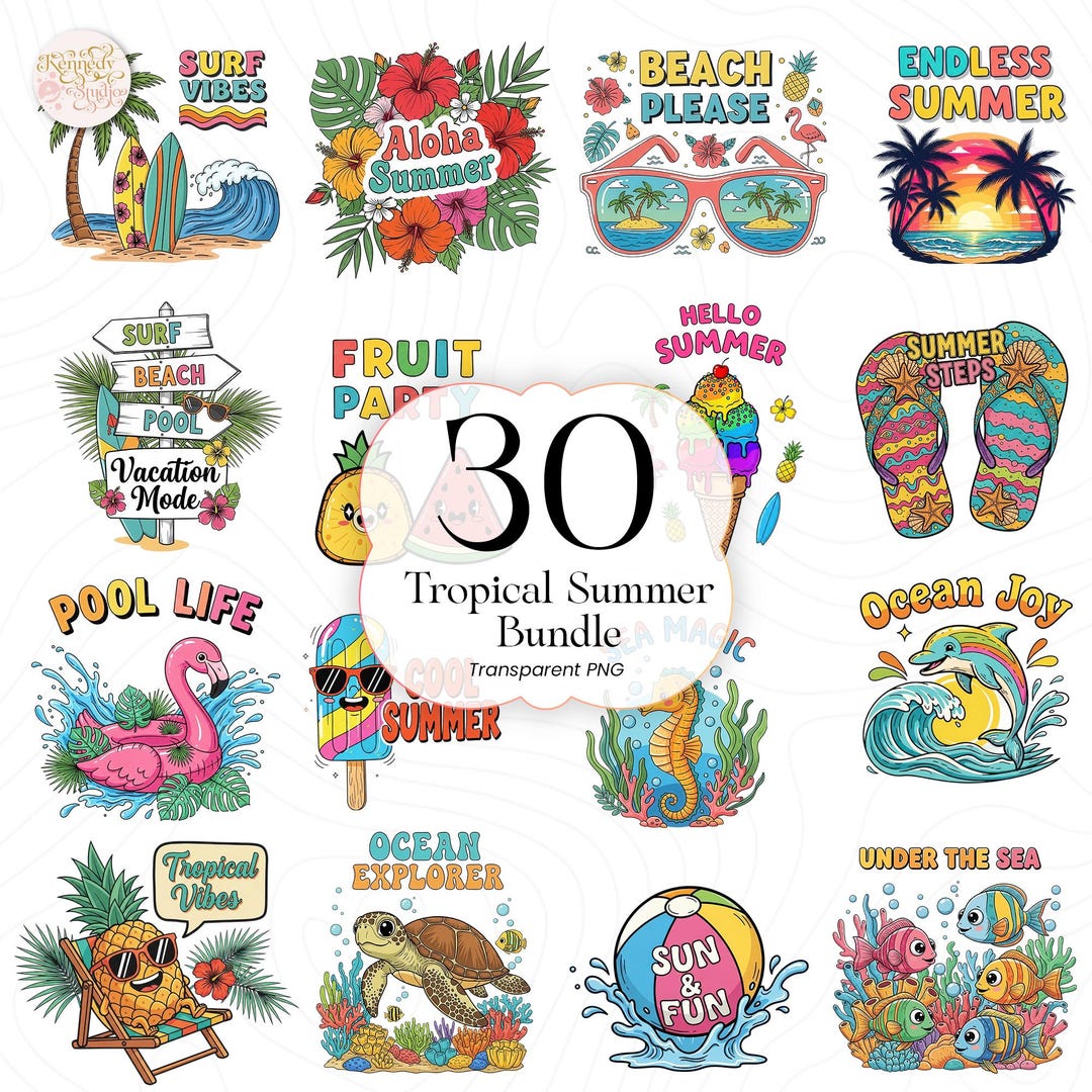 Tropical Summer Clipart Bundle PNG, Watercolor Beach Vacation Graphics ...