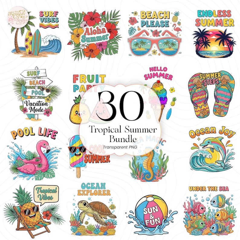 Tropical Summer Clipart Bundle PNG, Watercolor Beach Vacation Graphics ...