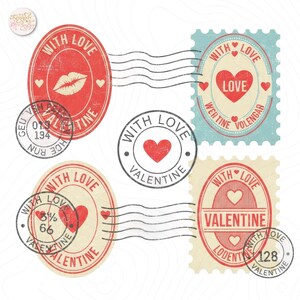 May include: A collection of vintage-style Valentine's Day stamps in red, blue, and cream colors. The stamps feature hearts, lips, and the words "With Love" and "Valentine". Some stamps have postal markings.