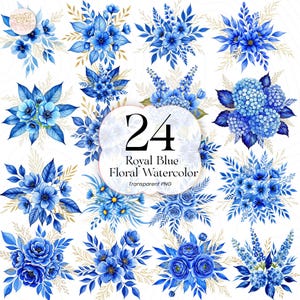 May include: A collection of 24 watercolor floral arrangements in various styles, featuring royal blue flowers and green leaves with gold accents. The text reads "24 Royal Blue Floral Watercolor Transparent PNG".