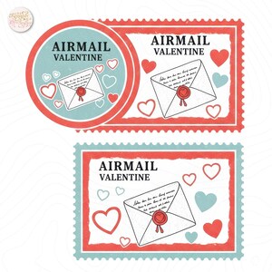 May include: Airmail Valentine stickers and stamps. The design features a white envelope with a red wax seal, surrounded by red and light blue hearts. The text "AIRMAIL VALENTINE" is displayed in a bold font.