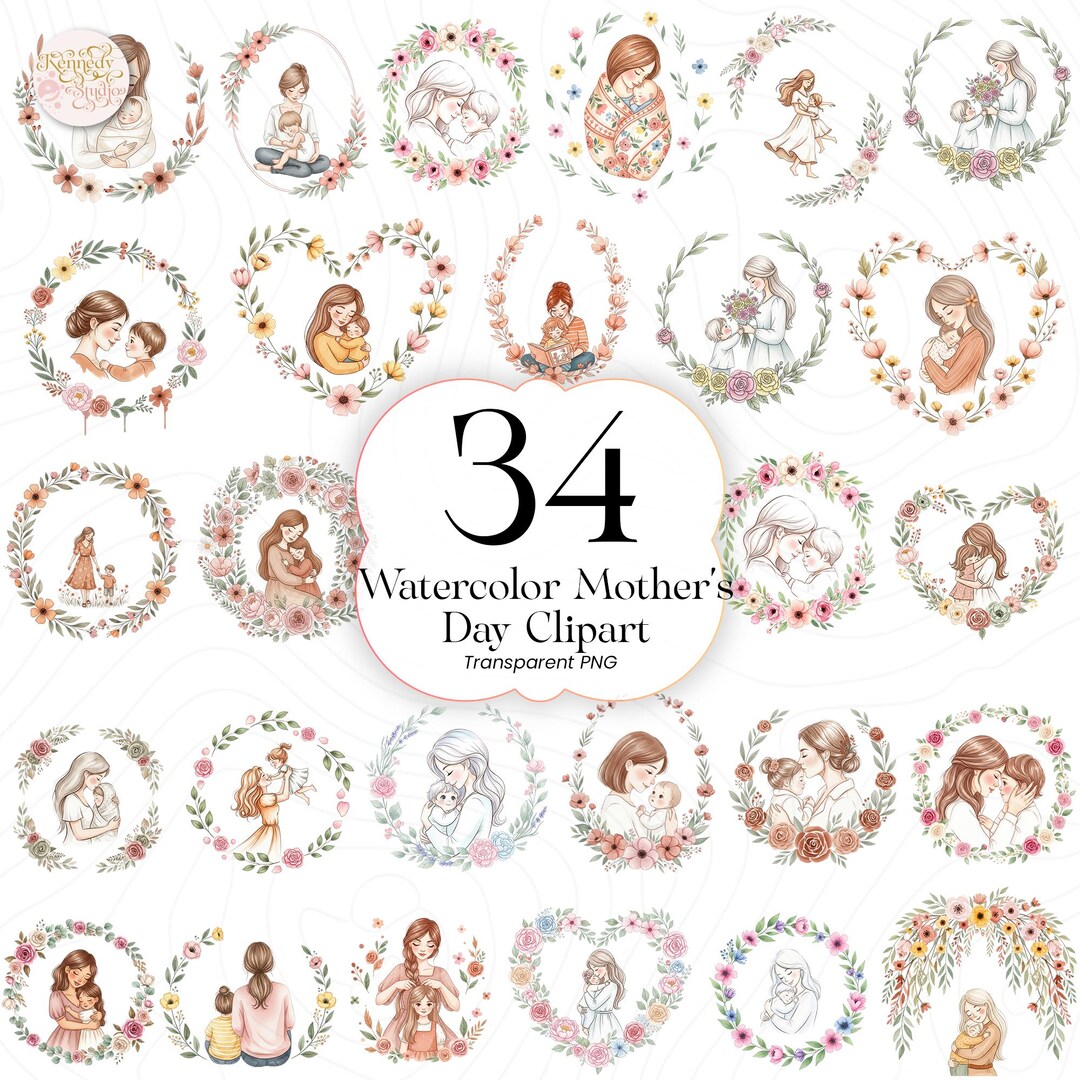 Watercolor Mother’s Day PNG Clipart Bundle – Floral Mom Illustration ...
