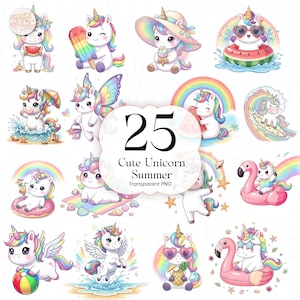 May include: A collection of 25 cute unicorn illustrations with summer themes. The unicorns are depicted with rainbows, watermelon, sunglasses, and beach accessories. The text "Cute Unicorn Summer" is also included.