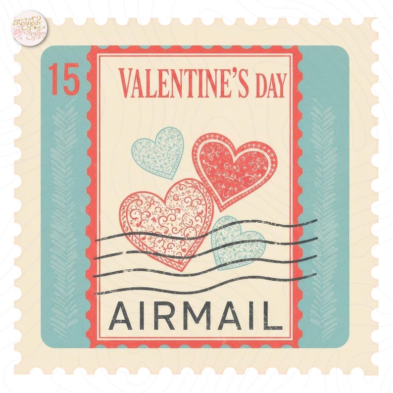 May include: A vintage-style Valentine's Day postage stamp design. The stamp features a cream background with a red and teal border. It displays the text "VALENTINE'S DAY" and "AIRMAIL", along with three hearts and the number "15".
