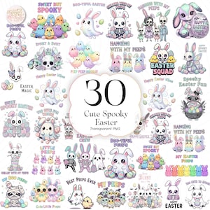 Può includere: Una collezione di 30 immagini PNG di Cute Spooky Easter. Le immagini presentano adorabili coniglietti, pulcini e altri personaggi dai colori pastello con un tema spettrale. Il testo include "Sweet but Spooky", "Happy Easter Vibes" e "Easter Squad".