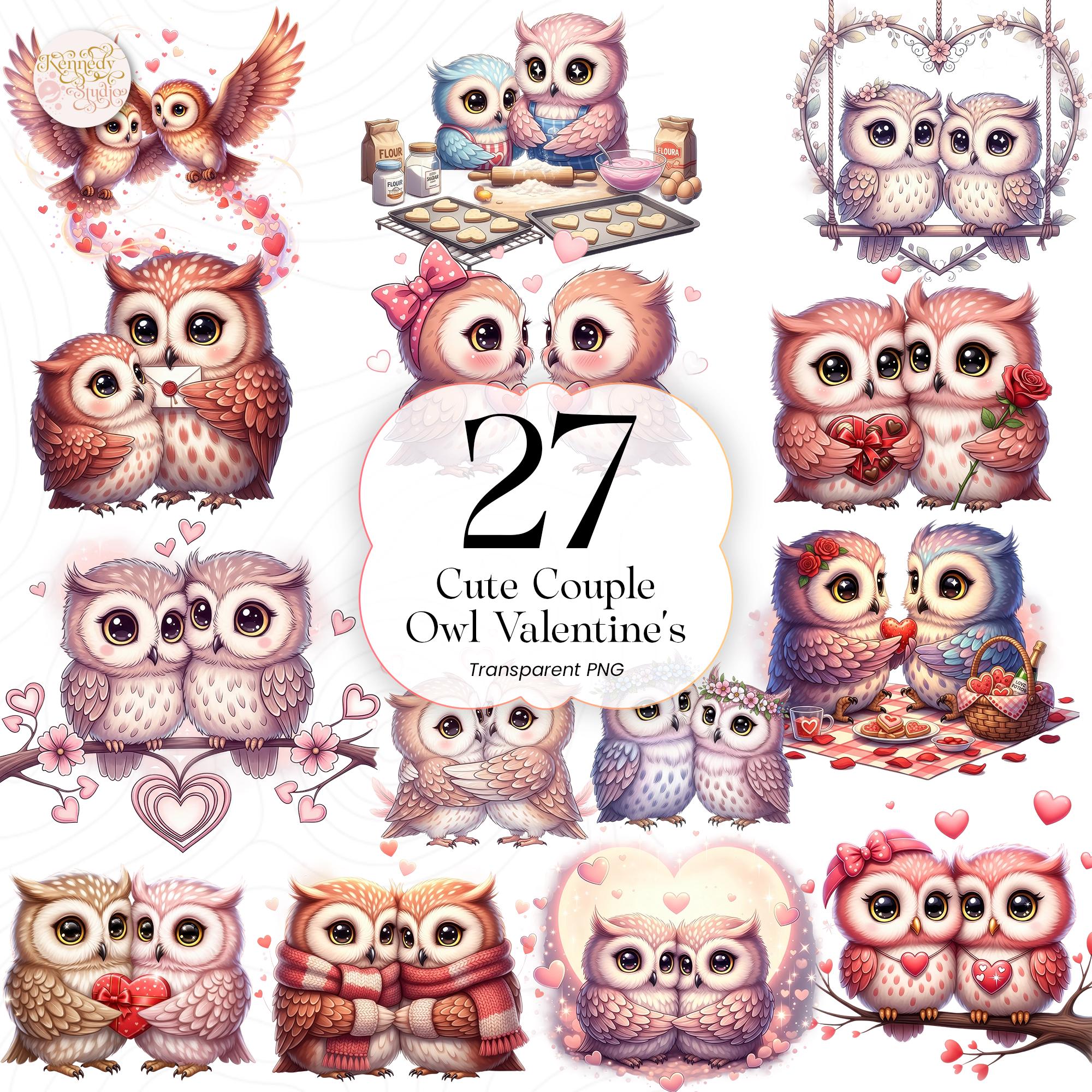Cute Couple Owl PNG Clipart Bundle Valentine&rsquo;s Day Love Theme for Couples OWLVD01