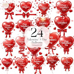 Puede incluir: Una colección de 24 globos rojos en forma de corazón con el texto "Happy Valentine's Day" en escritura blanca. Cada globo está adornado con un lazo rojo. La imagen también incluye pequeños acentos en forma de corazón y el texto "Valentine's Day Balloons".