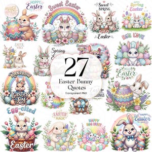 Puede incluir: Una colección de 27 citas de conejitos de Pascua en formato PNG transparente. Las imágenes presentan ilustraciones en acuarela de conejitos, huevos de Pascua, arcoíris y arreglos florales, con texto como "Felices Pascuas".