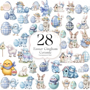 May include: A collection of 28 Easter-themed ceramic designs featuring bunnies, lambs, chicks, and eggs. The designs incorporate a blue and white gingham pattern, floral accents, and birdhouses. The text "Easter Gingham Ceramic" is also included.