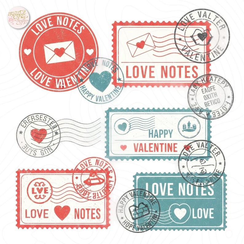 May include: A collection of red and teal Valentine's Day stamps with various designs. The stamps feature hearts, envelopes, and the words "Love Notes" and "Happy Valentine." Some stamps have circular and rectangular shapes.