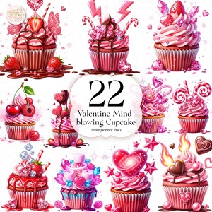 Puede incluir: Una colección de 22 cupcakes con temática de San Valentín. Cada cupcake está decorado de forma única con glaseado rosa, fresas, corazones y caramelos. La imagen incluye el texto "22 Valentine Mind blowing Cupcake Transparent PNG".