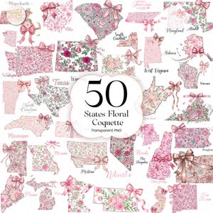 Może przedstawiać: Kolekcja 50 kwiatowych wzorów stanowych w odcieniach różu, każdy w kształcie stanu z kwiatowymi wzorami i kokardą. Tekst "50 States Floral Coquette" jest wyświetlany na środku.