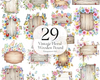 Tablero de madera floral vintage PNG, ilustración de letrero de madera rústico, decoración de granja, uso comercial, VFWB-001