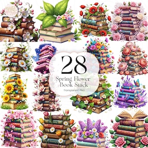 May include: A collection of 28 digital illustrations featuring stacks of books adorned with various spring flowers. The books have a vintage aesthetic, and the flowers include roses, daisies, and sunflowers. The text "Spring Flower Book Stack" is also present.