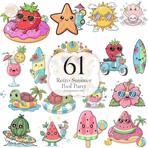 May include: A collection of 61 retro summer pool party themed transparent PNG graphics. The illustrations include a strawberry on a donut, a starfish with a cocktail, a smiling sun, a seashell, a pineapple drink, a surfboard, turtles, and watermelon.