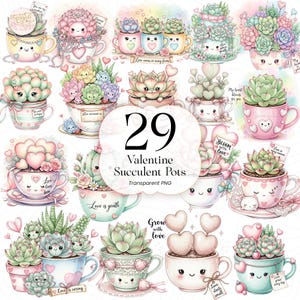 May include: A collection of 29 Valentine succulent pots in various pastel colors. Each pot is a teacup with a smiling face, filled with succulents and decorated with hearts and bows. The text "29 Valentine Succulent Pots Transparent PNG" is visible.