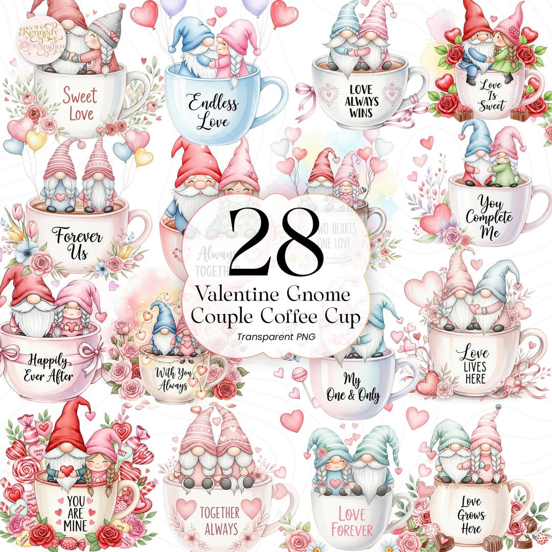 Valentine Gnome Couple Coffee Cup PNG Clipart – Cute Love Gnomes for ...