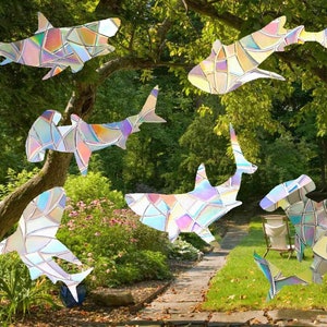May include: A set of seven iridescent stained glass shark window clings. The clings are shaped like sharks and have a rainbow of colours. The clings are shown on a green lawn with a tree in the background.