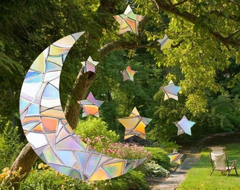 Crescent Moon Stars Suncatcher - Window Cling, Rainbow Maker, Reusable Suncatcher Sticker, Window Prism, Suncatcher Window, Bird Collision