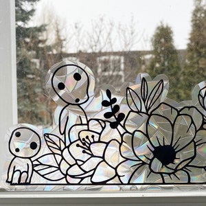 Forest Spirit Floral Suncatcher - Window Cling, Rainbow Maker, Reusable Suncatcher Sticker, Window Prism, Suncatcher Window, Bird Collision
