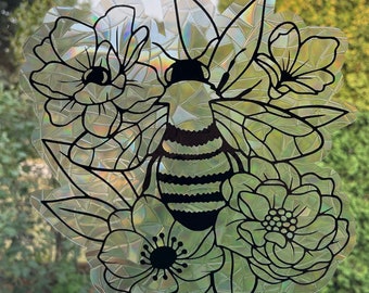 Łapacz słońca z sześciokątnym wzorem Bee Florals – naklejka na okno, kreator tęczy, wielokrotnego użytku naklejka na łapacz słońca, pryzmat okienny, łapacz słońca na okno, kolizja ptaków
