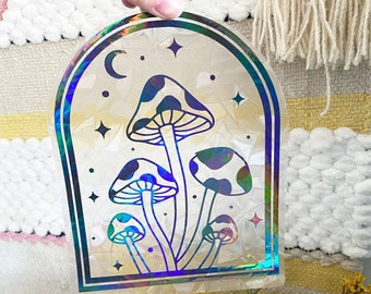 Mushroom Arch Suncatcher - Window Cling, Rainbow Maker, Reusable Suncatcher Sticker, Window Prism, Suncatcher Window, Bird Collision Decal