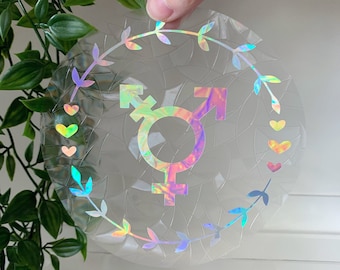Atrapasueños con símbolo trans - Adhesivo para ventana, creador de arcoíris, pegatina atrapasueños reutilizable, prisma para ventana, ventana atrapasueños, calcomanía de colisión de pájaros
