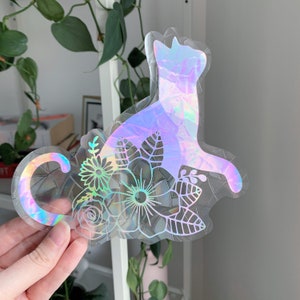 Floral Cat Suncatcher - Window Cling, Rainbow Maker, Reusable Suncatcher Sticker, Window Prism, Suncatcher Window, Bird Collision Decal