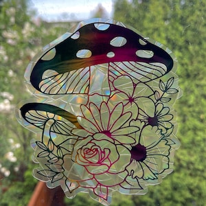 Pilz Florals Suncatcher - Fensteraufkleber, Regenbogen Maker, wiederverwendbarer Suncatcher-Aufkleber, Fensterprisma, Suncatcher-Fenster, Vogelkollision