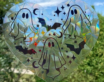 Ghost Bat Heart Suncatcher - Window Cling, Rainbow Maker, Reusable Suncatcher Sticker, Window Prism, Suncatcher Window, Bird Collision Decal