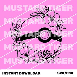 Puede incluir: Un diseño floral en blanco y negro con una forma estilizada de Poké Ball, rodeado de una corona de flores y hojas, sobre un fondo rosa. Las palabras "INSTANT DOWNLOAD" y "SVG/PNG" están en la parte inferior.
