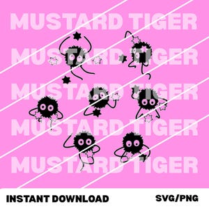 May include: A pink background with a repeating pattern of black cartoon characters holding star shapes. The text "MUSTARD TIGER" is diagonally across the image. The words "INSTANT DOWNLOAD" and "SVG/PNG" are at the bottom.