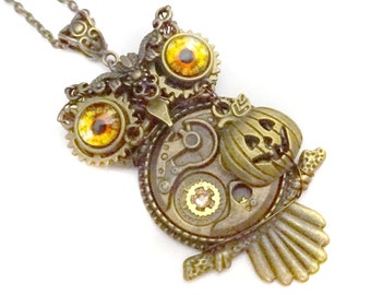 Collier hibou steampunk, bijou Halloween, chouette, collier steampunk