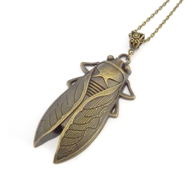 Collier cigale, bijou insecte, sautoir, bronze