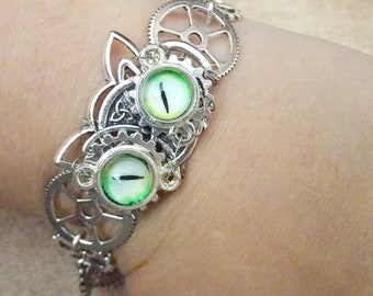 Bracelet chat celtique et steampunk, bracelet chat argent, bracelet chat celtique