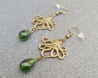 Octopus earrings, faceted glass drops, Cthulhu earrings, pirates, mermaids, emerald green
