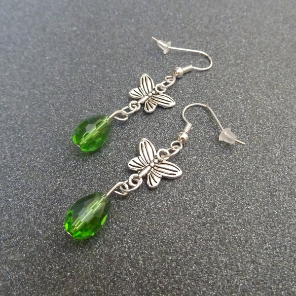 Boucles d'oreilles papillons, bijoux féeriques, gouttes vertes